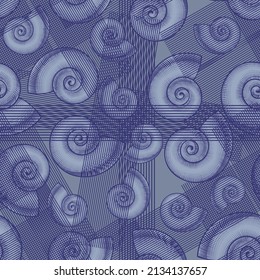 Seashells on a blue background seamless pattern. Vector illustration