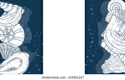 Seashells on blue background. There is place for your text on white paper.