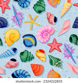 Seashells on blue water background. Colorful summer travel seamless pattern. Vector flat cartoon illustration of sea shells. Tropical fashion textile print or wrapping paper