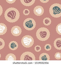 Seashells on dots vector seamless pattern in autumn colors for fabric, wallpaper, packaging, scrapbooking projects or backgrounds. Surface pattern design.