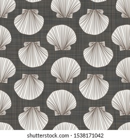 Seashells on linen fabric texture background.  Seamless repeat vector pattern swatch.  Great for vacation or holiday travel graphics.