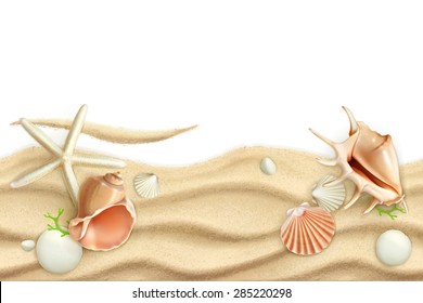 Seashells on sand, vector background