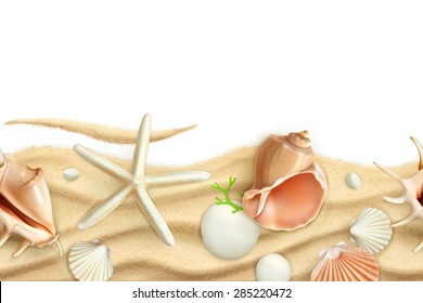 Seashells on sand, vector seamless background