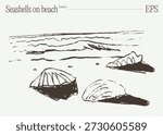 Seashells on Sandy Beach by Ocean Waves Sketch