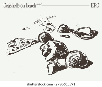 Conchas de mar en Sandy Beach por Ocean Waves Sketch