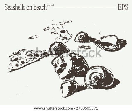 Seashells on Sandy Beach by Ocean Waves Sketch