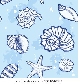Seashells on a sea background. Underwater scene. Vector seamless pattern.