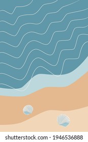 Seashells on tropical sand abstract background, line waves, blue and yellow summer holidays relax illustration for banner, poster, card vector illustration