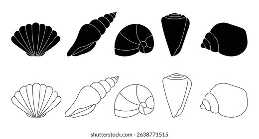 Seashells outline and black shape silhouette icons collection. Vector illustrations isolated on white background. Underwater mollusk design elements