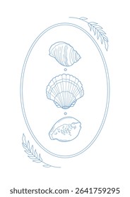 Seashells outline in oval blue frame. Vector card template.