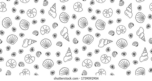 Seashells outline seamless pattern on white background Hand drawn doodle illustration