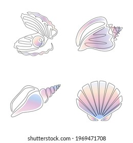 Seashells And Oyster With Pearl Set In One Line Drawing. Vector Sea Shells And Scallop For Logo, Emblem And Icon Isolated On White Background