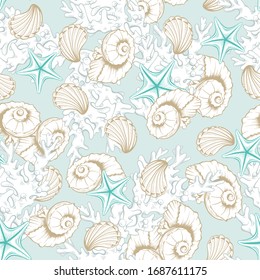 Fondo de conchas marinas, concha vectorial de mar, corales y peces estrella grabados en turquesa. Diseño artístico en línea marino y oceánico, sin fisuras, para la decoración de bodas o novias