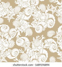 Seashells pattern background, vector sea shell, corals and starfish engraving on beige gold. Marine and ocean underwater seamless pattern line art design for wedding or bridal decoration background