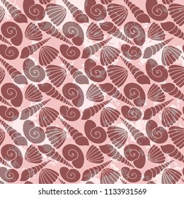 Seashells pattern on pink grunge background. Can be used for poster, banner, flyer, brochure, postcards, wallpaper, textile, website background.