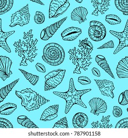 Seashells pattern on white background. Shell vector seamless texture. Print sea doodle style. Cloth, wallpaper, wrapping, coral, card, invitation, textile, paper,holiday.Graphic outline illustration. 