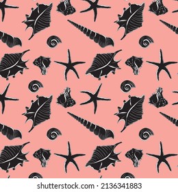 seashells patterns in black color on orange background, vector