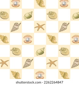 Seashells in a pattern.Vector pattern with sea shells and stars in colored squares on a transparent background.