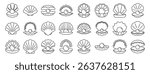 Seashells pearls icons set. Collection of various pearl oyster icons representing open and closed shells, some containing pearls, in a simple line art style