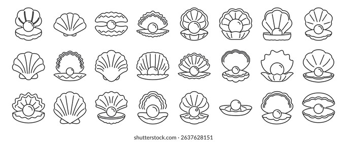 Seashells pearls icons set. Collection of various pearl oyster icons representing open and closed shells, some containing pearls, in a simple line art style
