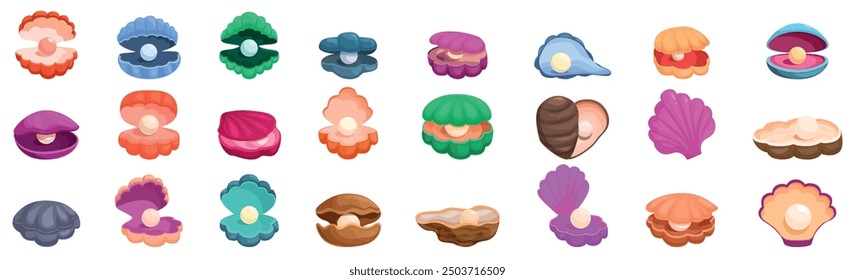 Seashells pearls icons set. Various cartoon style illustrations of pearl oysters, some closed and some open revealing beautiful shiny pearls