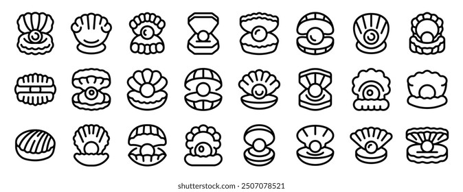 Seashells pearls icons set. Set of various pearl jewelry and oyster shell icons featuring open and closed shells with pearls