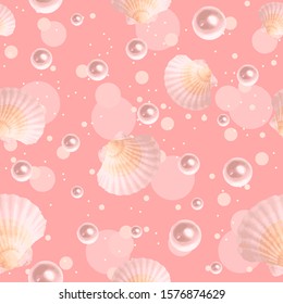 Seashells and pearls on a pastel seamless pattern with pink circles and bubbles. Repetitive background with water marine life