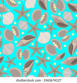 Casas de mar, perlas, pez estrella, perlas en la concha, fondo azul. Patrón sin foco, vector.