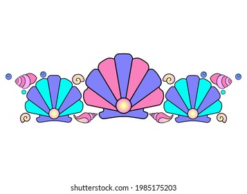 Seashells and pearls - vector linear full color illustration - divider. Sea border of scallop shells, pearls and small seashells. Template for stained glass, batik or coloring.