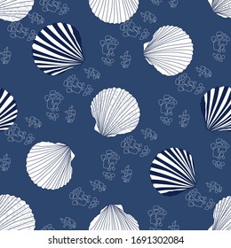 Seashells and pebbles white and blue colour. Summer seamless vector pattern.