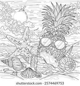 Seashells and pineapple in sunglasses on the seashore.Coloring book antistress for children and adults. Illustration isolated on white background.Zen-tangle style. Hand draw