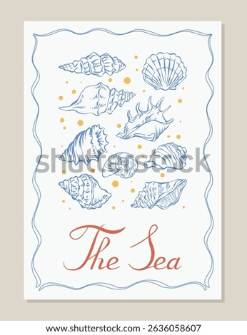 Seashells poster in hand drawn line art style. Vintage summer vacation. Whimsical nautical coastal illustration with various sea shells for retro poster, card, print. La dolce vita vector.