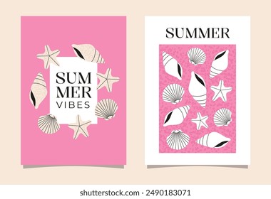 Seashells poster set. Creative concept of summer bright cards. Flat vector templates for celebration, ads, branding, banner, poster, sales.