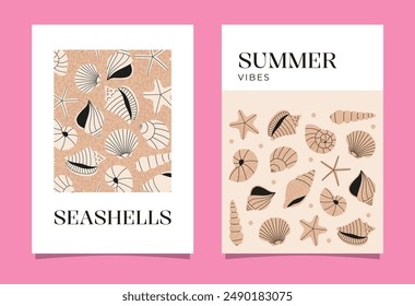 Seashells poster set. Creative concept of summer bright cards. Flat vector templates for celebration, ads, branding, banner, poster, sales.