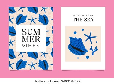 Seashells poster set. Creative concept of summer bright cards. Flat vector templates for celebration, ads, branding, banner, poster, sales.