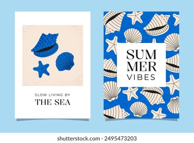 Seashells poster set. Creative concept of summer bright cards. Flat vector templates for celebration, ads, branding, banner, poster, sales.