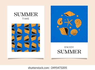 Seashells poster set. Creative concept of summer bright cards. Flat vector templates for celebration, ads, branding, banner, poster, sales.