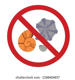 Seashells in the prohibition sign. Vector forbidden sign with shellfish for stickers. Allergy danger. Do not disturb marine inhabitants.