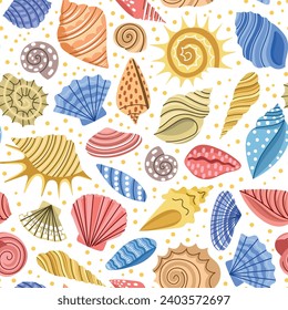 Seashells repeated background. Tropical ocean and marine mineral formations, color doodle style, cartoon shells, vector seamless pattern.eps
