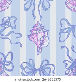 Conchas, arcos de fita padrão sem emenda no fundo listrado azul. La dolce vita temática inspirada na estética italiana de verão. Vintage Marine, feminino, coquette design em estilo feminino encantador