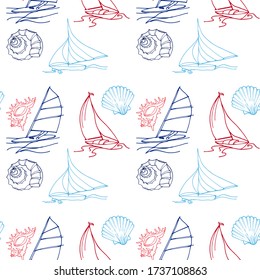 Seashells and a sailboat pattern on a white background for printing on fabric paper and other decor