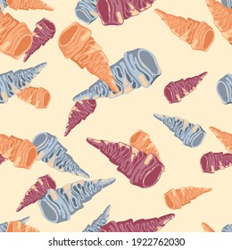 Seashells, sandy beach, Seamless decorative pattern, Vector illustration, flat style,