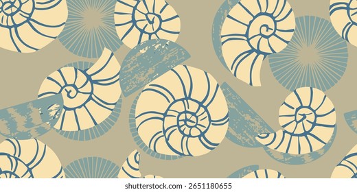 Seashells and Scribbles Seamless Pattern. Sea shell drawing. Seashell background.