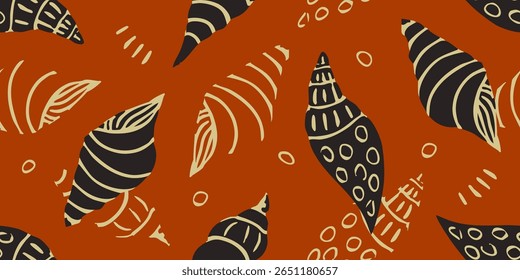 Seashells and Scribbles Seamless Pattern. Sea shell drawing. Seashell background.