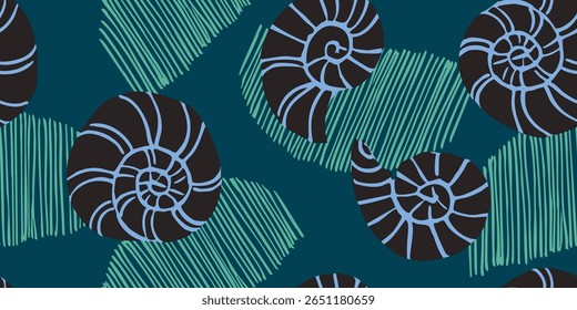 Seashells and Scribbles Seamless Pattern. Sea shell drawing. Seashell background.