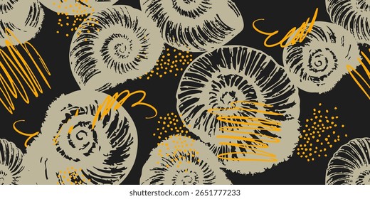 Seashells and Scribbles Seamless Pattern. Sea shell drawing. Seashell background.
