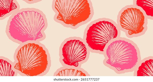 Seashells and Scribbles Seamless Pattern. Sea shell drawing. Seashell background.