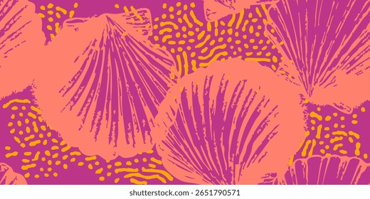 Seashells and Scribbles Seamless Pattern. Sea shell drawing. Red and Pink background.
