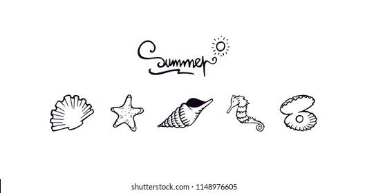 Seashells And Sea Animals Clean Black Outline Illustration. Summer Letters Text. Seashells Simple Outline Silhouette Illustration. Seashell, Starfish, Seahorse, And Shell With A Pearl Set Collection.