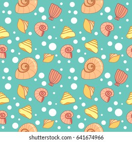 Seashells in the sea. Blue background. Flat vector illustration